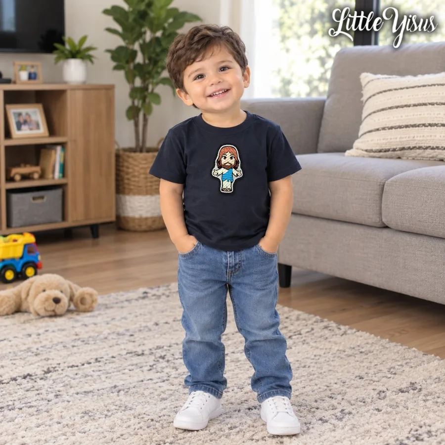 Niño pequeño con playera azul marino y parche bordado de Little Yisus