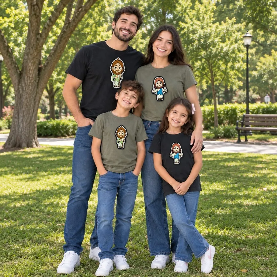 Familia en el parque con playeras de parche bordado