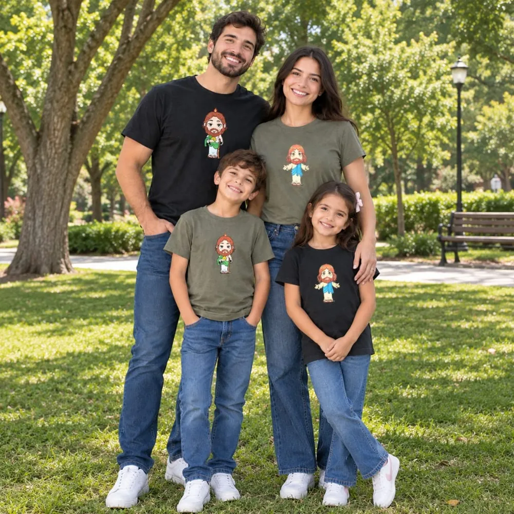 Familia en el parque con playeras de Little Yisus y San Judas