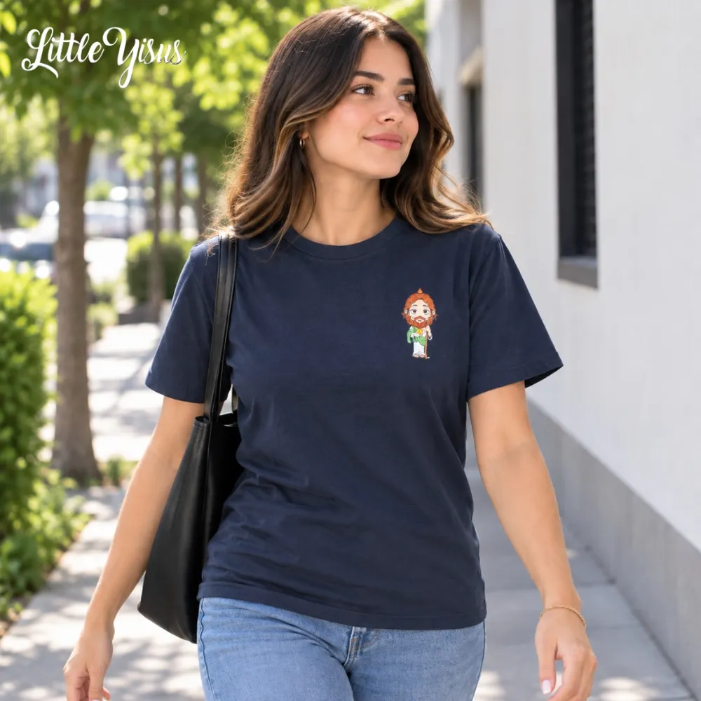 Mujer con playera azul marino de San Judas