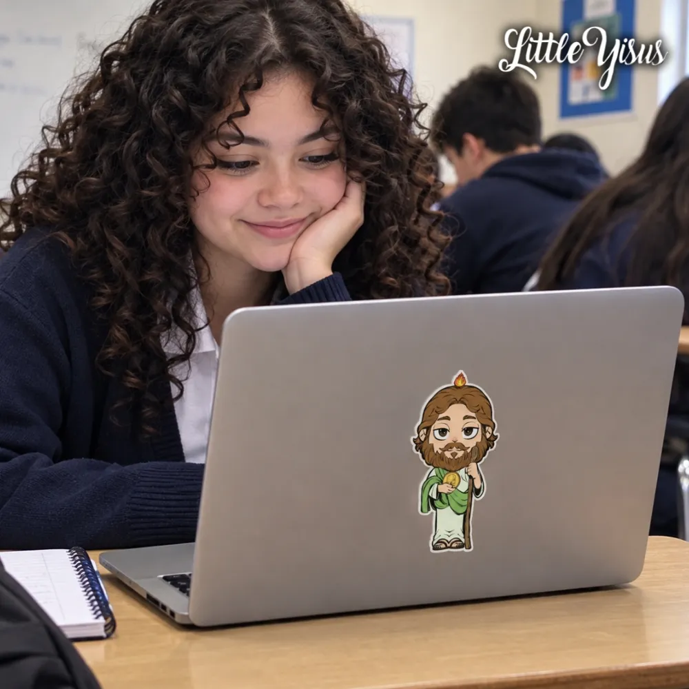 Estudiante con sticker de San Judas en su laptop